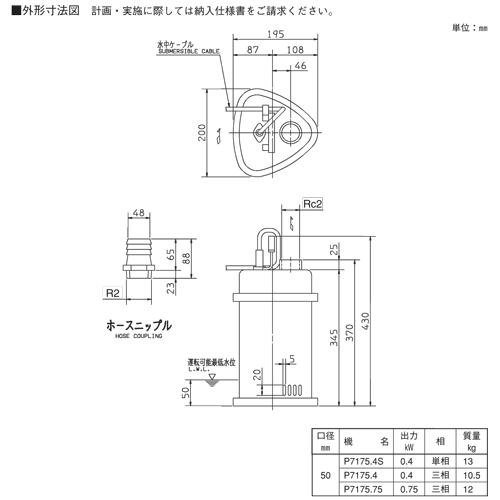 エバラ　ステンレス製水中ポンプ　Ｐ７１７５．７５　０．７５ｋＷ　荏原製作所製　EBARA　２００Ｖ　５０Ｈｚ　口径５０ｍｍ　PONTOS　ポントス