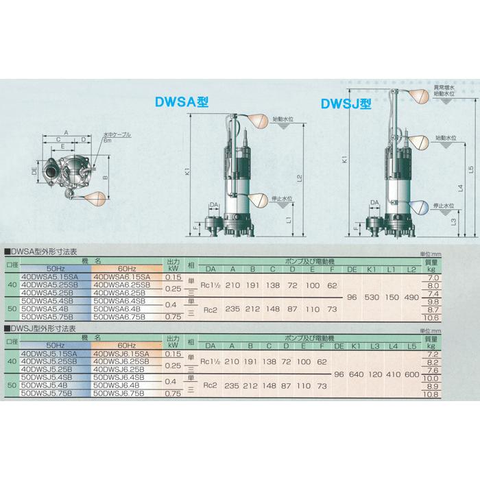 エバラ　樹脂製汚水・雑排水用水中ポンプ　４０ＤＷＳＡ５．１５ＳＡ　フロートスイッチ付　口径４０ｍｍ　５０Ｈｚ　荏原　０．１５ｋＷ　自動形　１００Ｖ