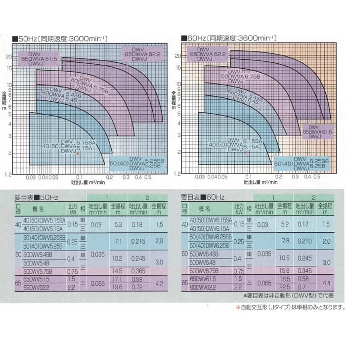 エバラ　樹脂製汚水・汚物用水中ポンプ　４０ＤＷＶ５．２５ＳＢ　１００Ｖ　口径４０ｍｍ　５０Ｈｚ　０．２５ｋＷ　荏原