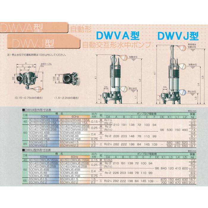 エバラ　樹脂製汚水・汚物用水中ポンプ　４０ＤＷＶ６．２５Ｂ　０．２５ｋＷ　２００Ｖ　口径４０ｍｍ　荏原　６０Ｈｚ