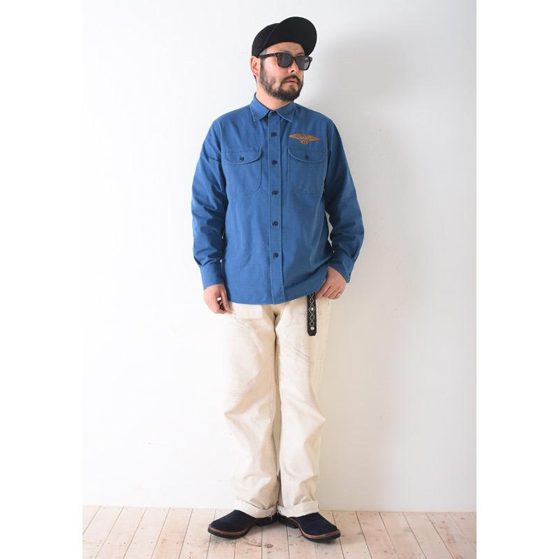 【早い者勝ち】ヴィンテージSchoen Iron Work's 刺繍入り青シャツ 早い者勝ち】ヴィンテージSchoen Iron Work's 刺繍入り青シャツ