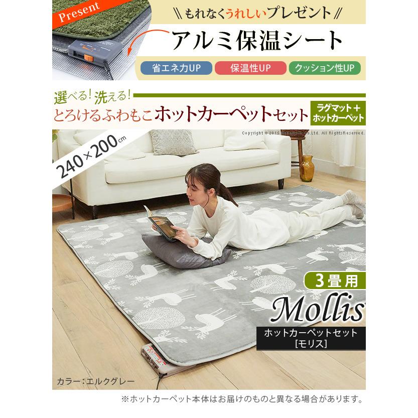 ホットカーペット カバー 電気カーペット対応 北欧ラグ マット モリス 3畳 240x200cm ホットカーペット本体セット ラグ ラグマット シャギー 無地 エルク フの画像