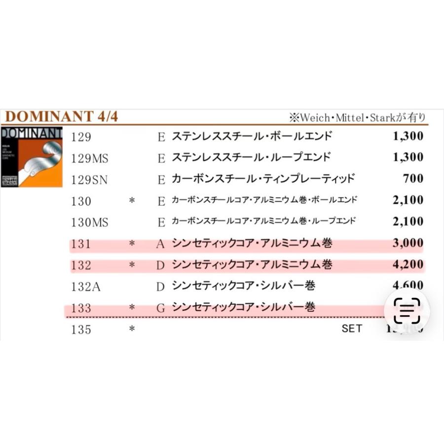 定番セットヴァイオリン弦 Eゴールドブラカット＋A,D,Gドミナント 4/4