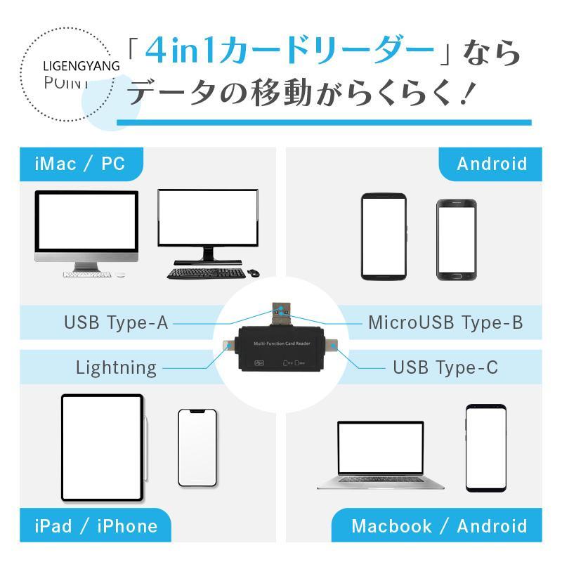 SDカードリーダー iphone android usb 3.0 type c 高速 バックアップ マルチカードリーダー メモリーカード 転送 写真 音楽 4in1｜gengyang｜10