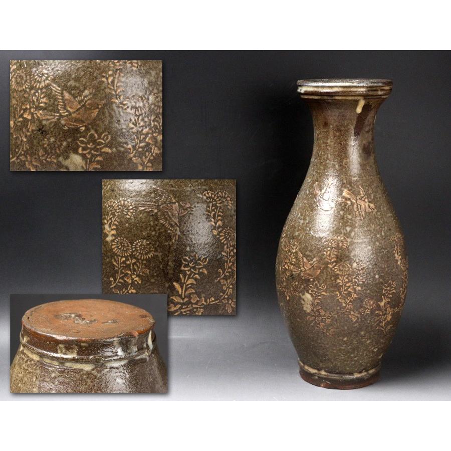 【源・Ｓ】《大名品》《江戸期》肥後・古八代焼 貼花 花鳥図 時代瓶/箱付