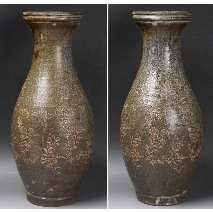 【源・Ｓ】《大名品》《江戸期》肥後・古八代焼 貼花 花鳥図 時代瓶/箱付_1