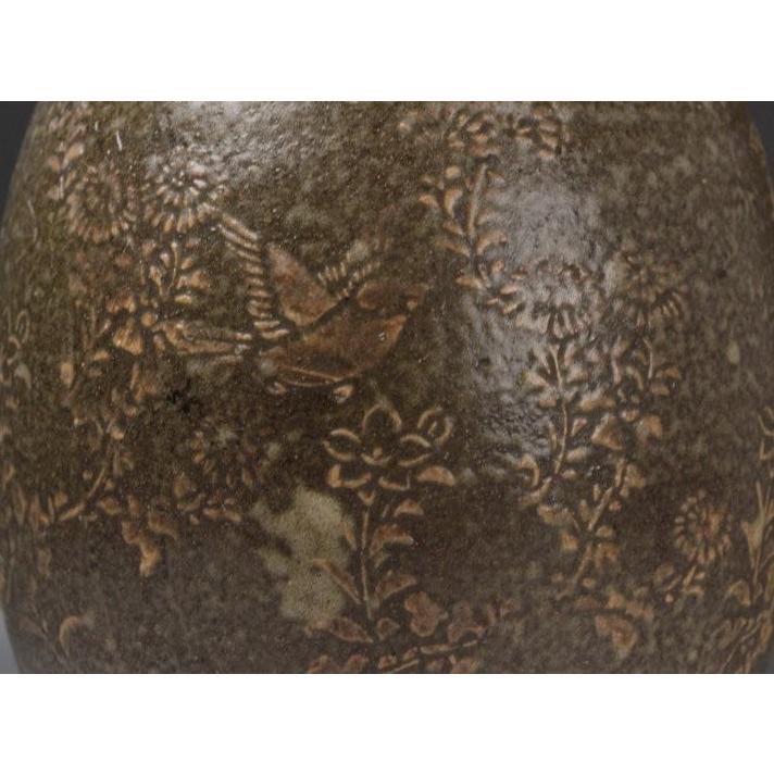 【源・Ｓ】《大名品》《江戸期》肥後・古八代焼 貼花 花鳥図 時代瓶/箱付_2