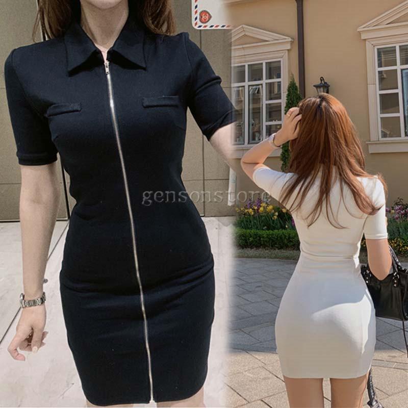 ジップアップ 半袖 タイトワンピース レディース 夏ワンピース カットソー 無地 ミニ丈 シンプル 襟付き 美しいライン ボディコンワンピース スリム 着痩せ 2133 1615 源淞ストア 通販 Yahoo ショッピング