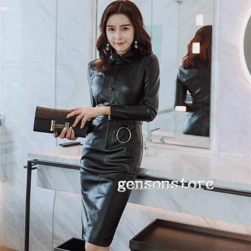 レザーワンピース S〜2XL スリット 前開きワンピース ベルト付き 長袖