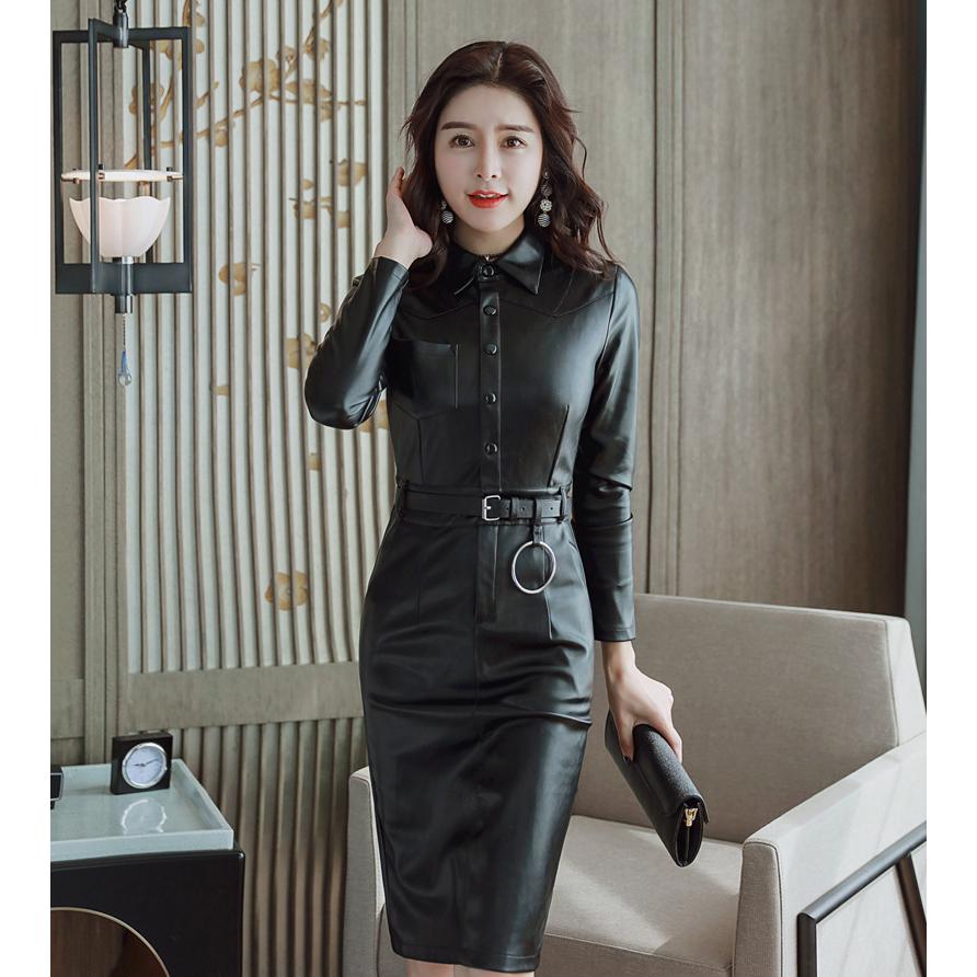 レザーワンピース S〜2XL スリット 前開きワンピース ベルト付き 長袖