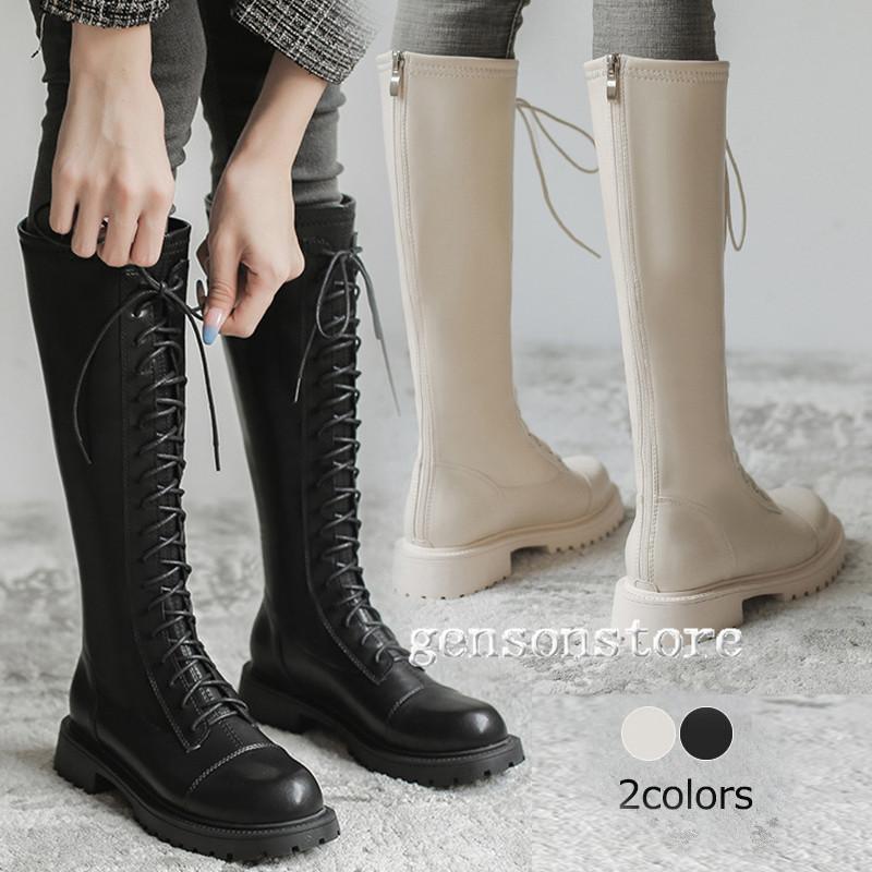ロングブーツ 新作 ニーハイブーツ レースアップ 編み上げ ブーツ ラウンドトゥ ローヒール カジュアル 美脚 厚底 バックジップ 履きやすい ジョッキーブーツ 2133 4151 源淞ストア 通販 Yahoo ショッピング