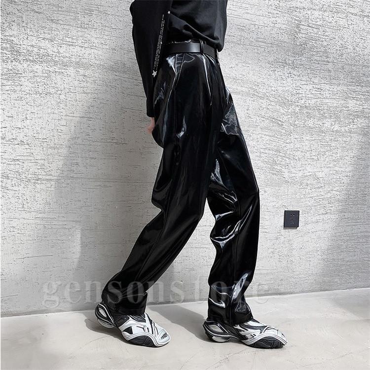 モード系 レザー ワイドパンツ メンズ エナメル 光沢感 スラックス