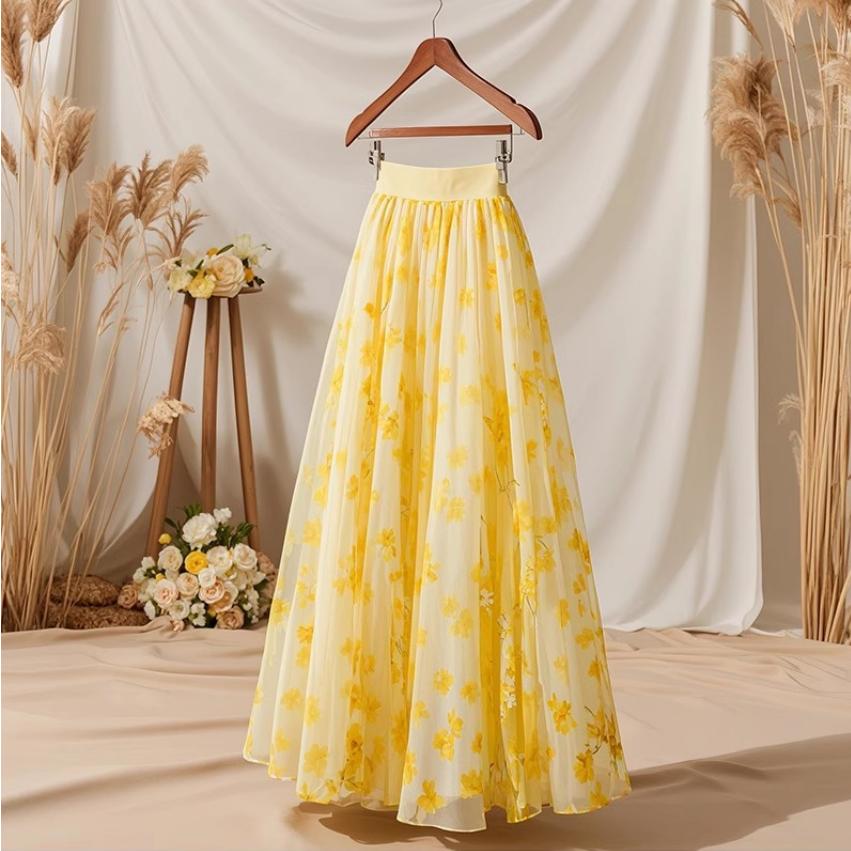 新作小柄ハイウエストイエロースカート花柄スカート女夏マキシ丈スカートスカート レディース ロング 夏 フレアスカート ふんわり 広幅 体型カバー ウェストゴム | 