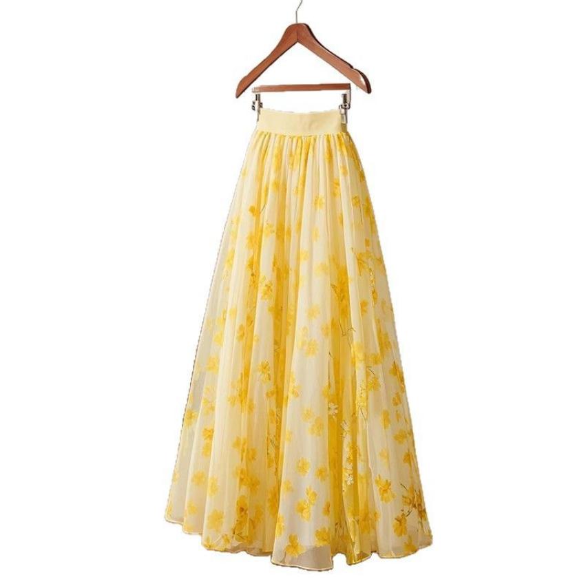 新作小柄ハイウエストイエロースカート花柄スカート女夏マキシ丈スカートスカート レディース ロング 夏 フレアスカート ふんわり 広幅 体型カバー ウェストゴム |  | 03