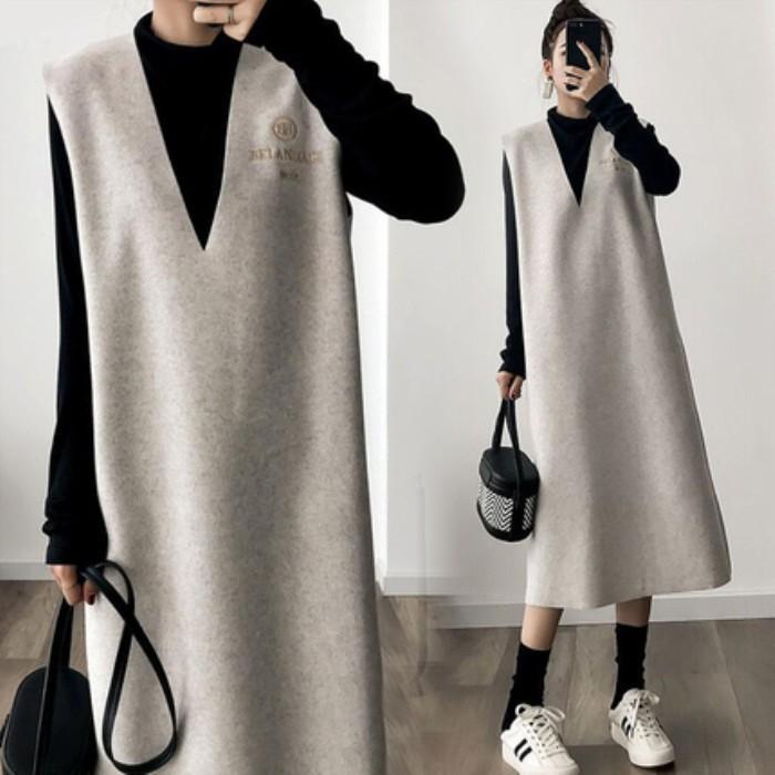 マタニティ 服 ワンピース 妊婦服 長袖トップス ジャンパースカート2点セット 刺繍 秋冬 マキシ丈 Aライン 限定販売 ママ ラシャワンピース 産前産後