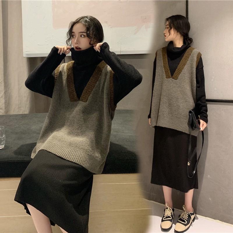 マタニティ 服 ニットベスト 長袖ワンピース2点セット 妊娠服 柔らか リブニット 秋冬 ハイネック チュニック ロングワンピース スリット 通勤お出かけ Pymr Go Th