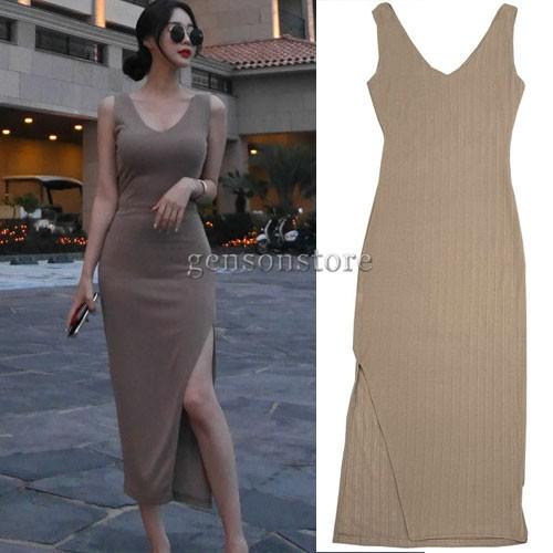 ノースリーブ ニットワンピース レディース 無地 Vネック ミモレ丈 胸元 セクシー キャミワンピ 大人 30代 40代 タイト 上品 夏ワンピ エレガント 着痩せ Mmay 4334 源淞ストア 通販 Yahoo ショッピング