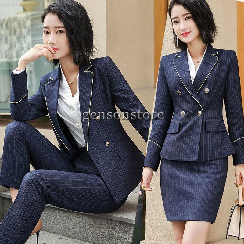 ピンストライプ ダブル 細身 オフィス フォーマルスカートスーツ レディース パンツスーツ 制服 事務服 ビジネスオフィス Ol サラリーマン長袖 体型カバー Mmay 4415 源淞ストア 通販 Yahoo ショッピング