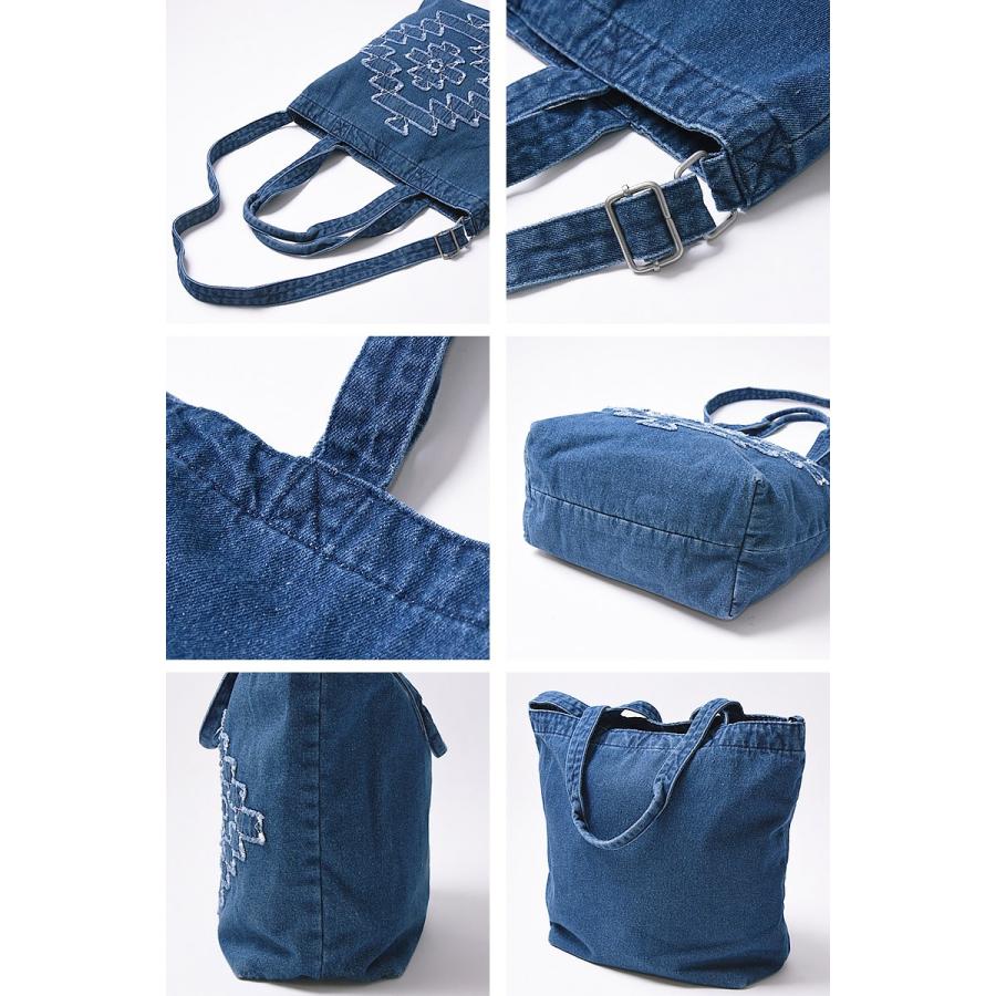 【タグ付未使用】ani. 綿デニム コーティング タックバッグ 大 2way デニム パグちゃん刺繍 2way トートバッグ ショルダーバッグ