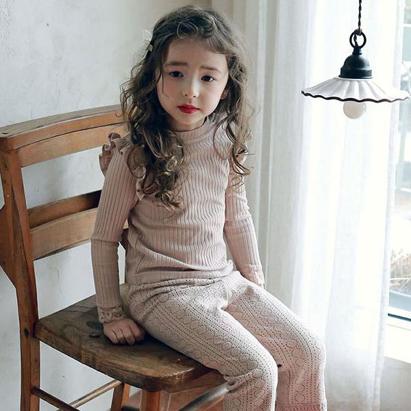 トップス ブラウス 女の子 春 おしゃれ かわいい フリル リブ ロングT
