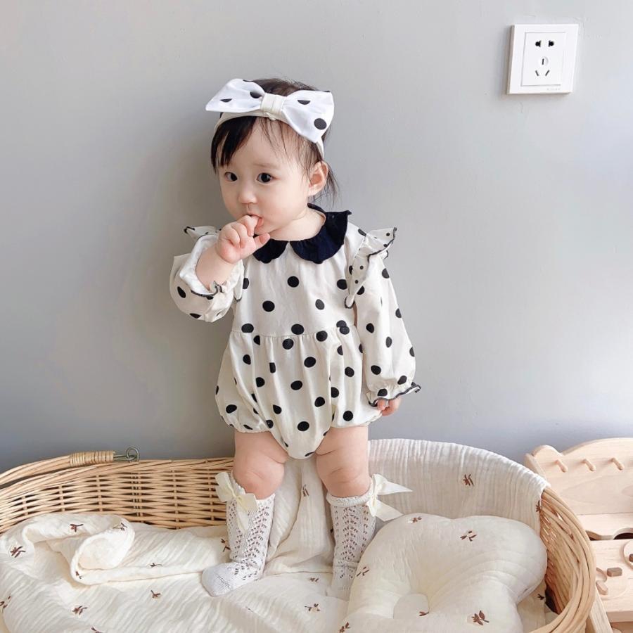 新作販売 baby ロンパース コットン 水玉 ドット 春 夏 秋 冬 ヘアバンド ビスケット柄カバーオール(60〜70)