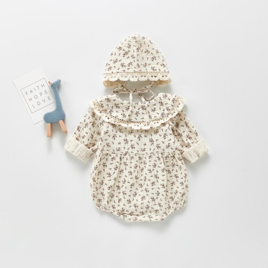 ロンパース 女の子 長袖 60 70 80 90 ベビー服 ボンネット付き