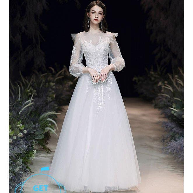 当日出荷 ウェディングドレス 白 Aライン 海外挙式 花嫁 二次会 大きいサイズ パーティードレス 披露宴 ブライダル シンプル 結婚式 ロングドレス 演奏会 袖あり ランキング１位受賞