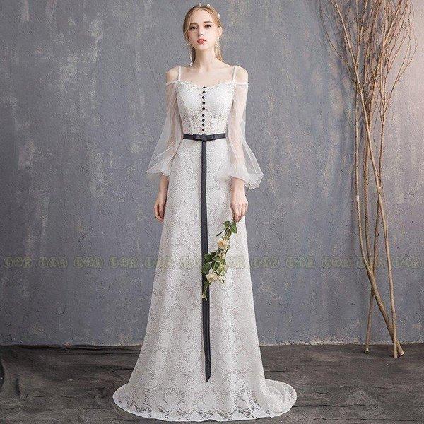 ウエディングドレス ファッション 安い パーティードレス 白 花嫁 ブライダル 袖あり ロングドレス 結婚式 パーティードレス フォーマルドレス ブライダル ウエディングドレス 二次会 Getゆたか 演奏会 Lq Hs01 パーティードレス