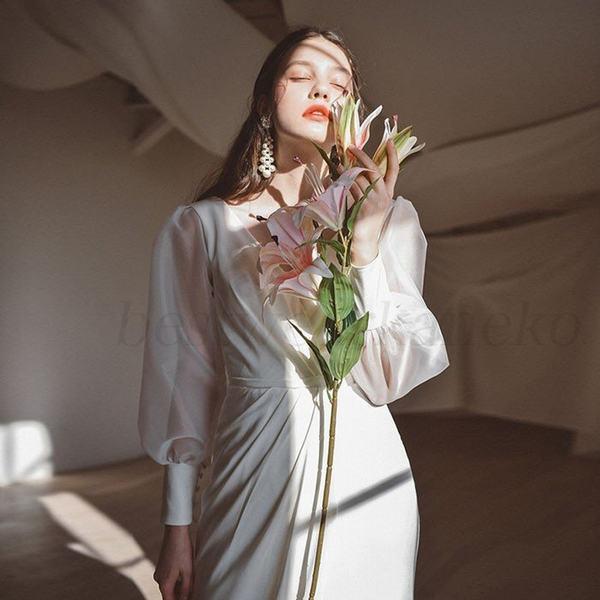 内祝い ロングドレス ウエディングドレス 購入 袖あり 白 花嫁 二次会エンパイア 花嫁 フォトウエディング ビーチフォト 前撮り 後撮りワンピース 新婦 ドレス シンプル 最適な価格 App Hds Dep Com