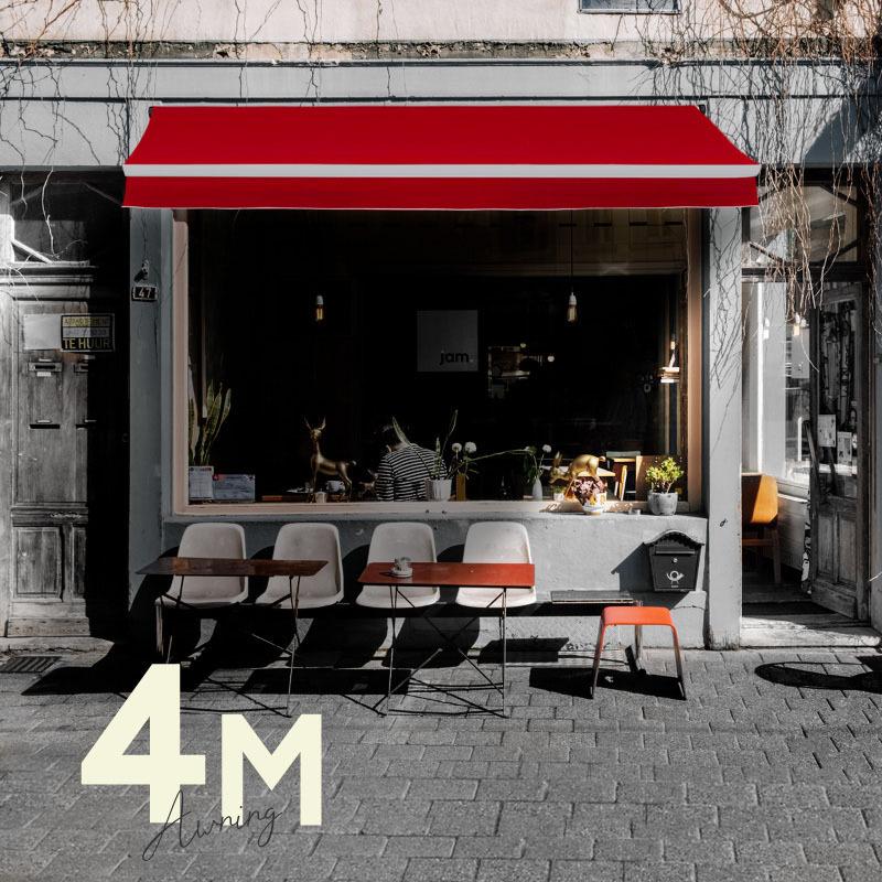 オーニングテント 4M 張出 2.5m 巻き取り式 防水 格納式 手動 白フレーム レッド 赤 日よけ サンシェード