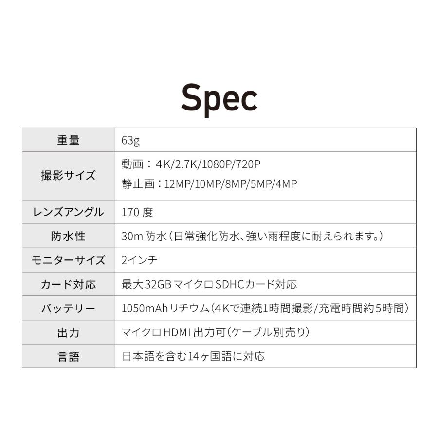 アクションカメラ 4K Wi-fi機能 動画 170°広角 魚眼レンズ 日本語説明
