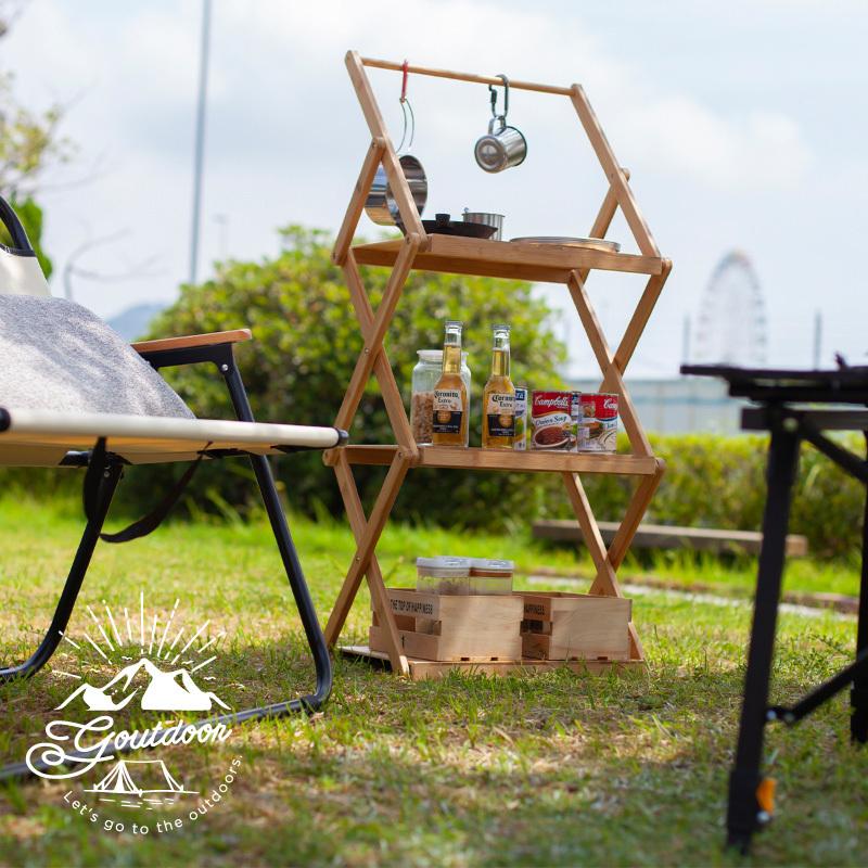 3段ラック キャンプ 竹製 折りたたみ サイドテーブル アウトドア