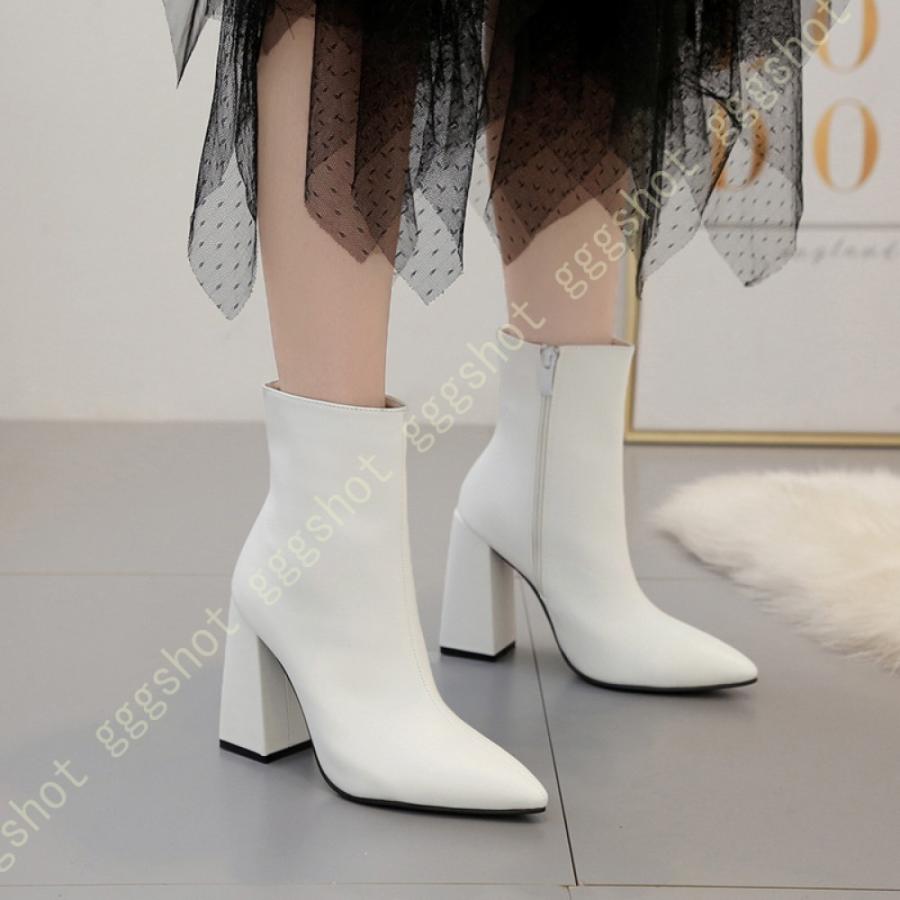 ショートブーツ レディース おしゃれ サイドジッパー シューズ チャンキーヒール ハイヒール ブーツ ブーティ 太ヒール 歩きやすい 無地 白 秋冬 美脚 袴用 80 以上節約 ハイヒール