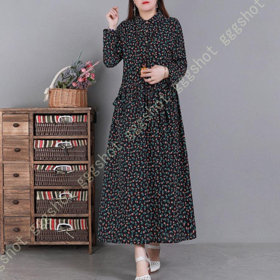 年間ランキング6年連続受賞 大きいサイズ ドレープ フレアワンピース 着痩 長袖 秋 ロングワンピース Vネック ママワンピース レディース Vネック コットンリネン ワンピース ロング 大きいサイズ Vネック コットンリネン ワンピース ロング 子ども服