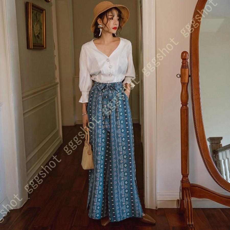 ワイドパンツ レディース ゆったり 花柄 ハイウェスト ウエストリボン ロングパンツ ワイド ボヘミアン風 ファッション ガウチョパンツ スリット有り ビーチ Ayaaf2mxxi レディースファッション Www Elghoniemy Com