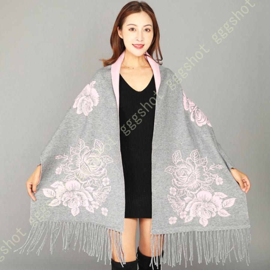ポンチョ カーディガン ストール ケープ レディース 秋 冬 花柄 カーデガン カシミヤタッチ 厚手 秋冬 アウター 羽織り 洗える かわいい 肩がけ 肩掛け