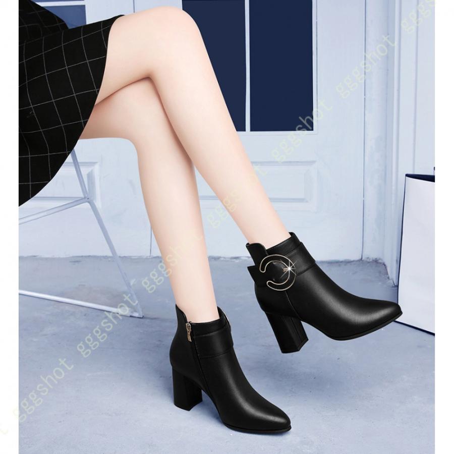 大きいサイズ 26cm ブーティ ショートブーツ レディース アンクルブーツ 金属飾り チャンキーヒール 8cmヒール サイドジップ レザー 本革 ポインテッドトゥ 爆売り