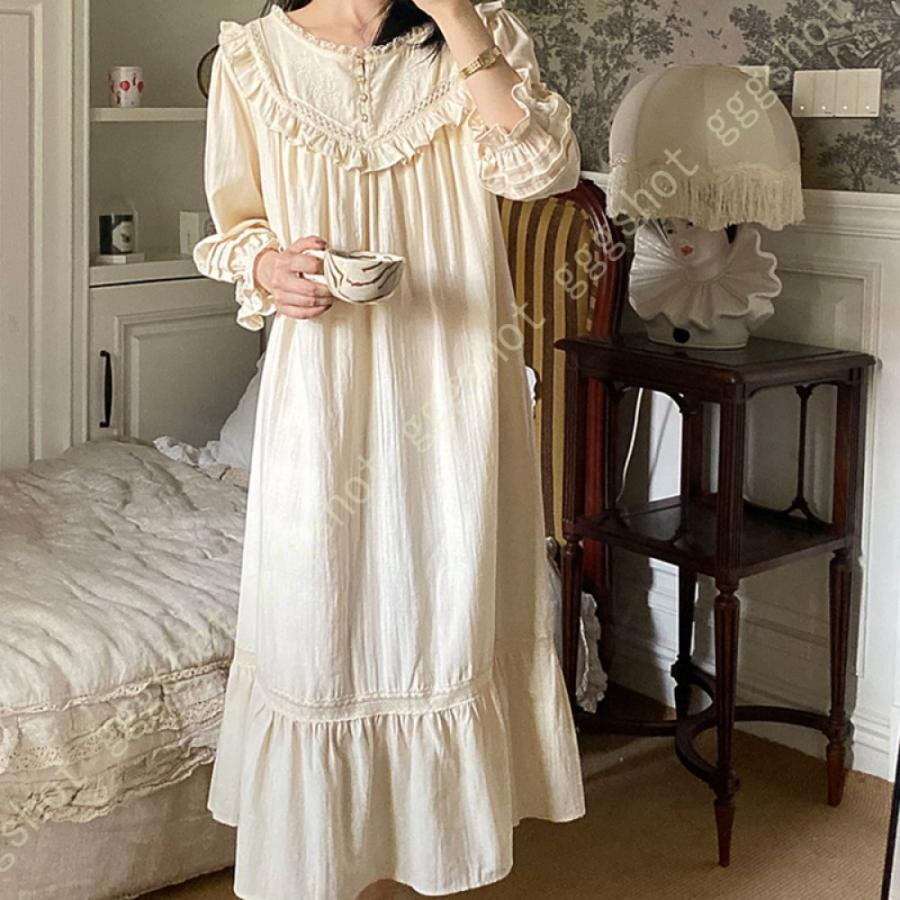 ネグリジェ レディース 綿 通気 フリル Vネック 長袖 レース ロング ソフト加工 無地 ルームウェア ワンピース 薄手 ホームウェア 部屋着 襟なし 春秋 上質 Eylirdedrv ファッション Panamericanschool Pa Net