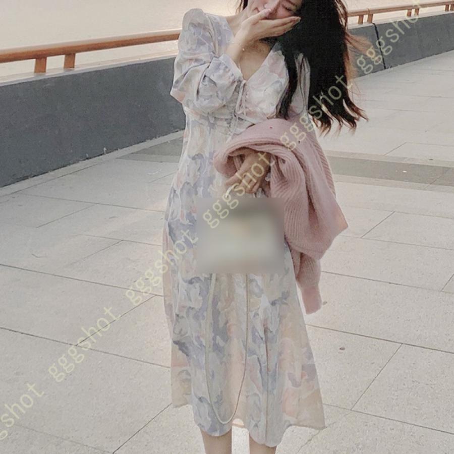 早い者勝ち ワンピース ハイウエスト 長袖 クラシカル ボリューム袖 Aライン 甘め フレア やさしい Vネック ふんわり 膝丈 森ガール おしゃれ ロングスカート ドレス ワンピース サイズ S Www We Job Com