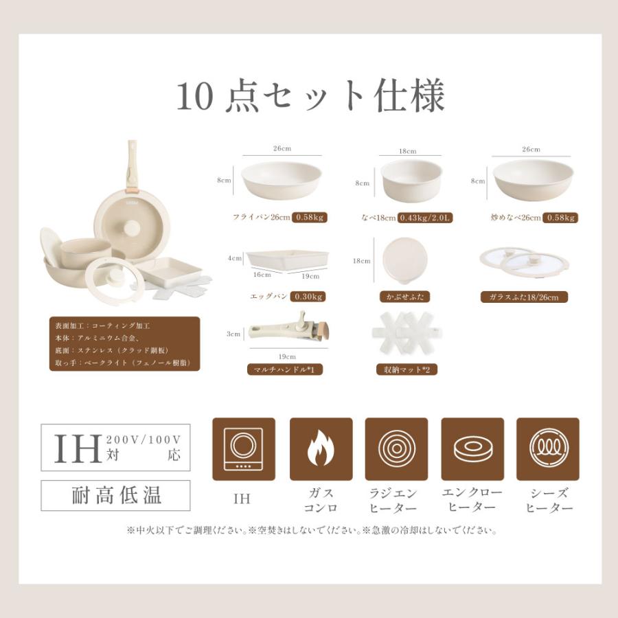 フライパン セット ih 10点 IH〜ガス火対応 取っ手が取れる エッグパン 蓋付き 簡単調理 お弁当 蓋 鍋 軽い キッチン調理器具 手入れ簡単 passo-nset10｜ggkk-store｜10