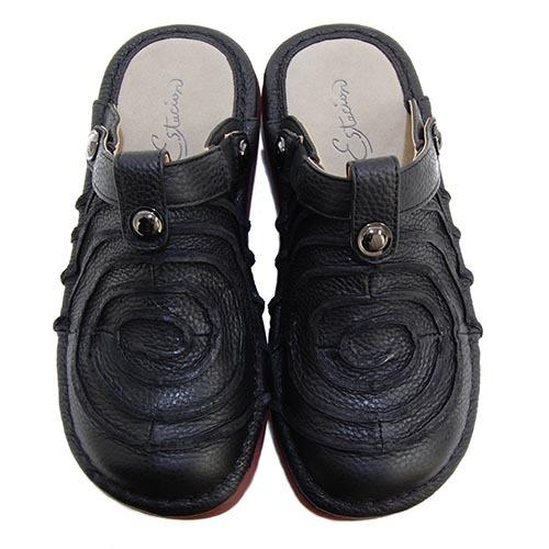 エスタシオン　未使用級　グルグルモチーフ 2wayサボサンダル　レザー　L 黒 エスタシオン 未使用級 グルグルモチーフ 2wayサボサンダル