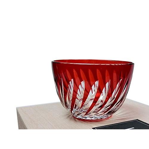 木箱付 工芸品 ガラス細工 切子グラス 日本酒 冷酒 七宝 文様 赤色