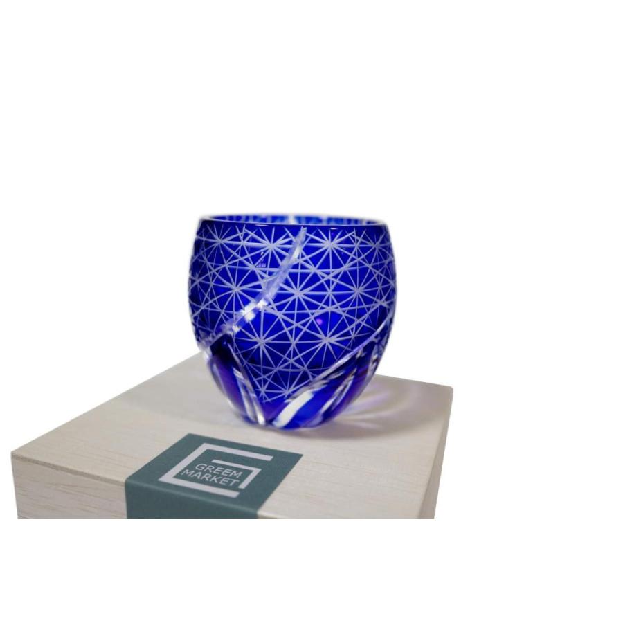 GMS02174 木箱付 工芸品 ガラス細工 切子グラス 日本酒 冷酒 菊つなぎ