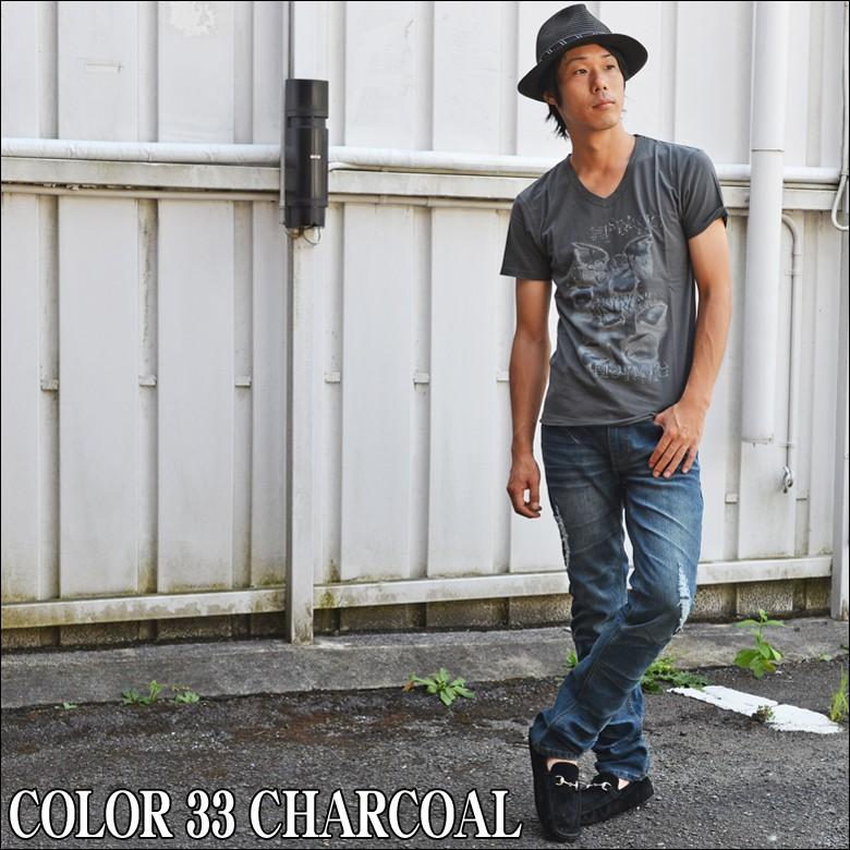Vネック英字&瞳プリントTシャツメンズ半袖Tシャツ半袖カットソーMサイズのみ在庫処分 アウトレット 最終処分