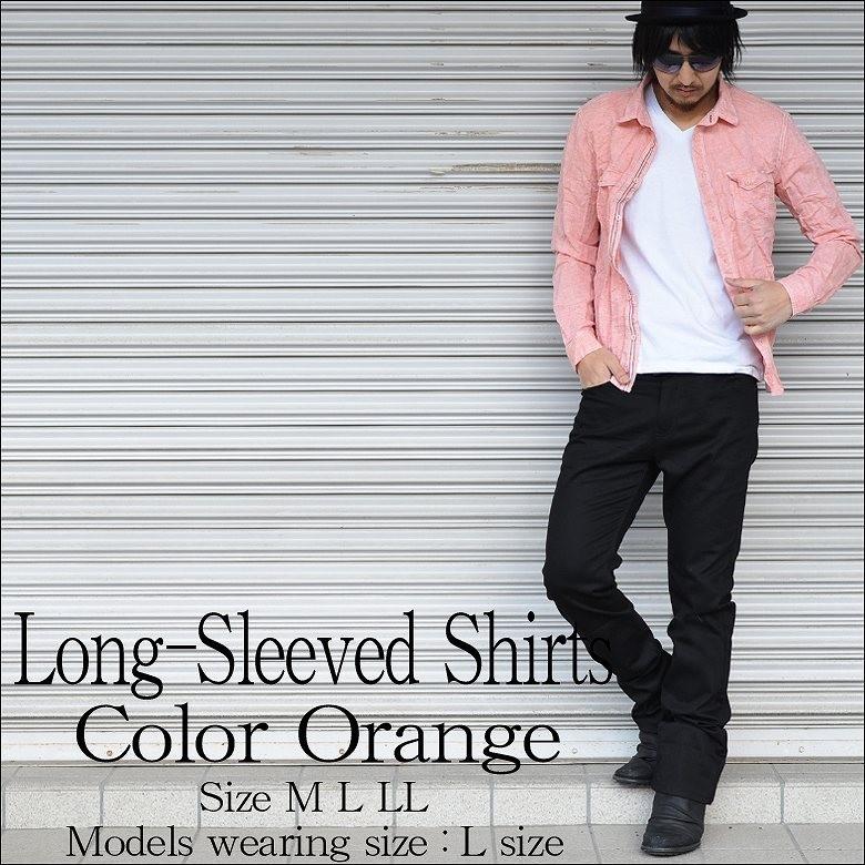 シワ加工オックスカジュアル長袖シャツ メンズ シャンブレー 長袖シャツ ピンク オレンジ グリーン ブルー 1 G H R Golden High Roller 通販 Yahoo ショッピング