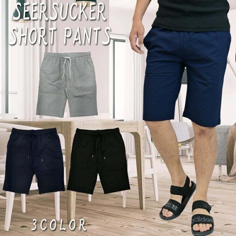 メール便対応 シアサッカーショートパンツ メンズ ハーフパンツ ショーツ イージーパンツ 無地 ストライプ柄 膝丈 カジュアル ストレッチ 再再販