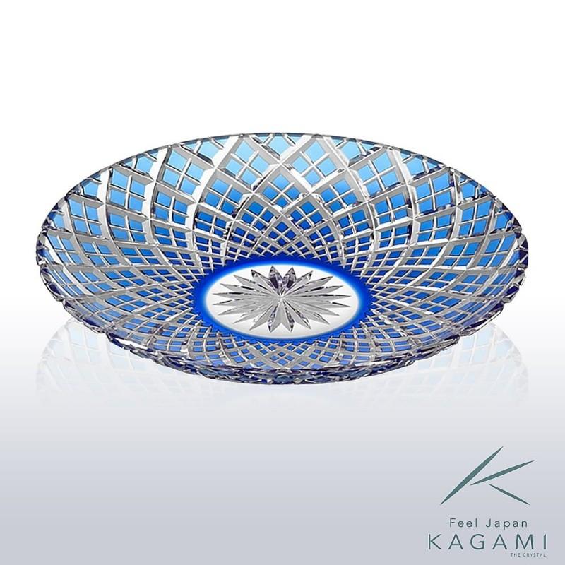 カガミクリスタル 江戸切子 藍 八角籠目紋八寸皿 青 20cm カガミクリスタル