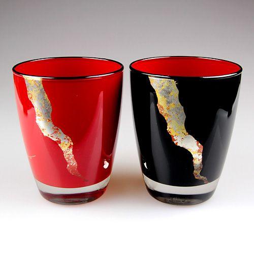 新品未使用　会津漆器　ガラス蒔絵 カトレアグラス (黒内朱・朱)ペアセット 会津塗 / ガラス漆グラス雲錦 ( ペア 蒔絵 斉藤恒緒 ) タンブラー 漆