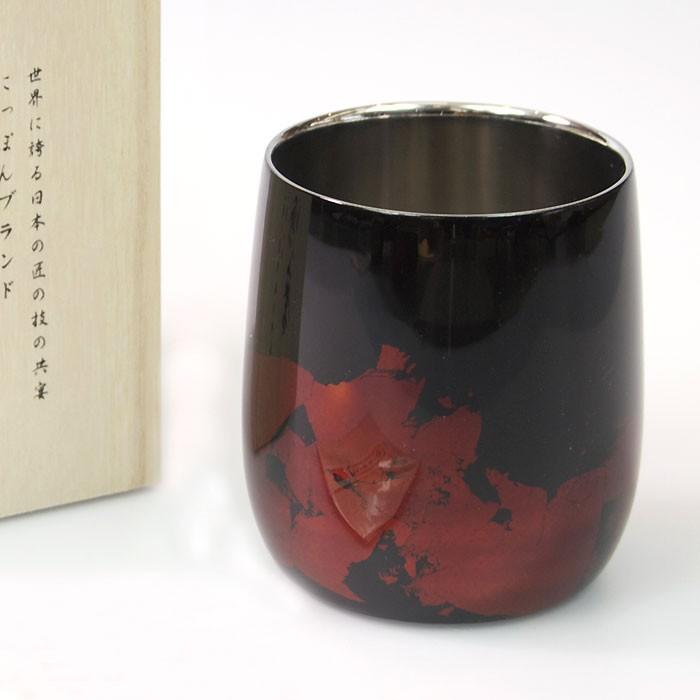 匠の技のコラボ 漆磨 ( シーマ ) カップ ２重構造 ダルマ 黒 金箔華切り回し ( 伝統工芸士作 ) ステンレス 漆 職人技 ロックグラス