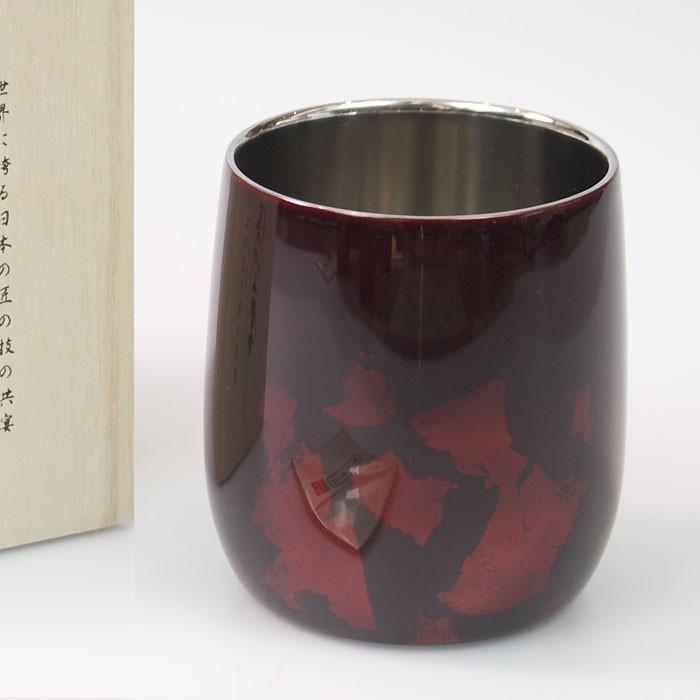 匠の技のコラボ 漆磨 ( シーマ ) カップ ２重構造 ダルマ 赤 金箔華切り回し ( 伝統工芸士作 ) ステンレス 漆 職人技 ロックグラス